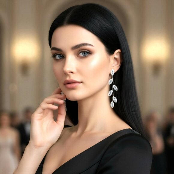 Leaf Drop Earrings Silver Plated S925 CZ Minimalist Statement Sparkling Dangles - Picture 3 of 12